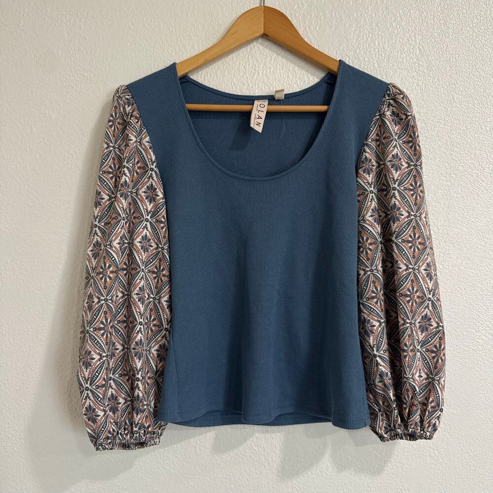Dolan Blue Ribbed Floral Puff Sleeve Top Boho Cottagecore Anthropologie Medium